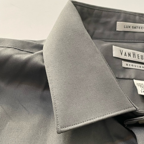 Van Heusen Men Regular Fit Long Sleeve Gray Dress Shirt Lux Sateen 17 1/2 34/35 - Picture 6 of 12